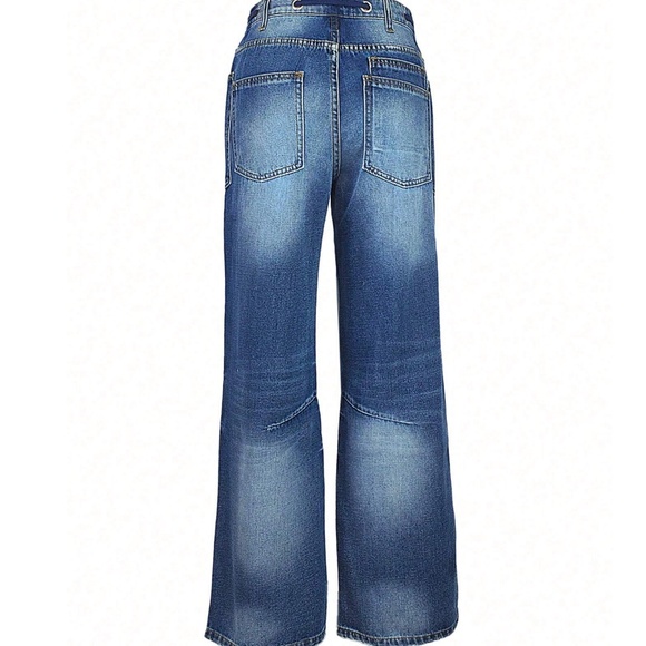 Medium Wash Pockets Drawstring Waist Straight Leg Denim Jean Pants - Picture 4 of 6